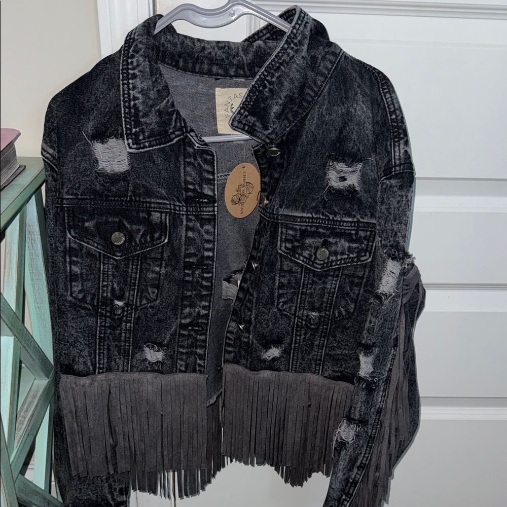 Distressed Black Denim Jacket with Fringe